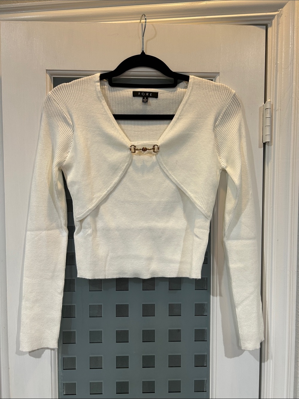 FORE Cream Ribbed Cropped Sweater with Gold Accent